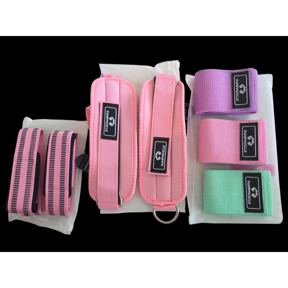 PumpMuscle 7pc Gym Set Resistance Bands Ankle Straps Lifting Straps Pink Purple